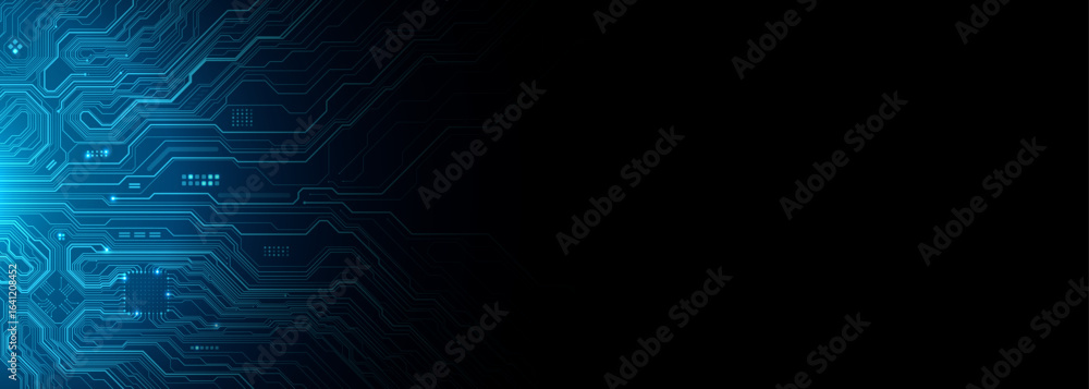 Poster circuit board on technology blue background. horizontal web banner with an empty text place. ai chip