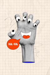 Image poster 3d zine vertical collage of human hand show five fingers palm emoji eyeball stare...
