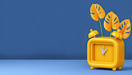 Vibrant yellow alarm clock and tropical leaves on a blue backdrop