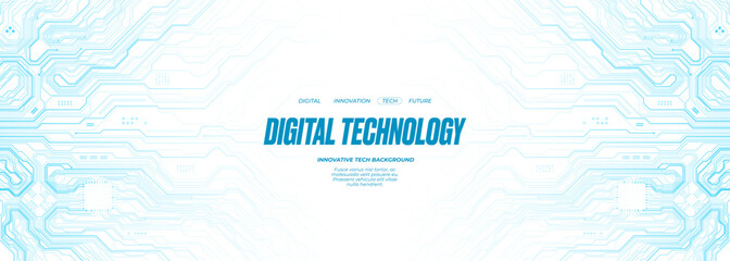 Horizontal web banner. Circuit board technology background with AI chip and computer components. Abstract electronics tech innovation concept. Blue wires on white bg. Cyber pattern vector Illustration