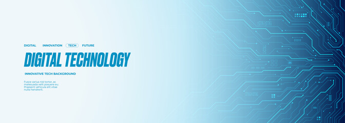 Digital technology web banner with circuit board and electronics components on a white background. AI chip or semiconductor, and thin lines as circuit board wires. Tech bg. Vector illustration