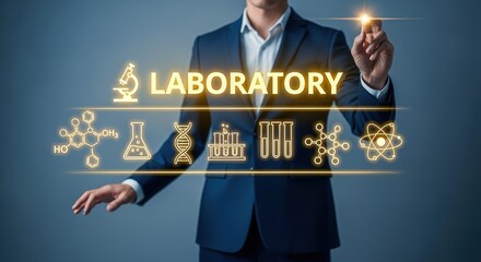 Modern Laboratory Technology Concept with a Scientist Interacting with a Virtual Interface Displaying Scientific Icons