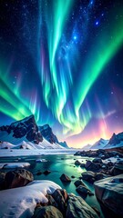 Aurora borealis over a frozen landscape