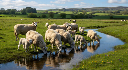 Fototapeta premium A flock of sheep drinking together in the river