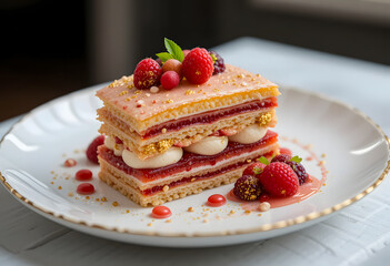 A beautifully plated raspberry mille-feuille, featuring crisp layers of pastry, fresh raspberries, and an elegant dusting of powdered sugar.