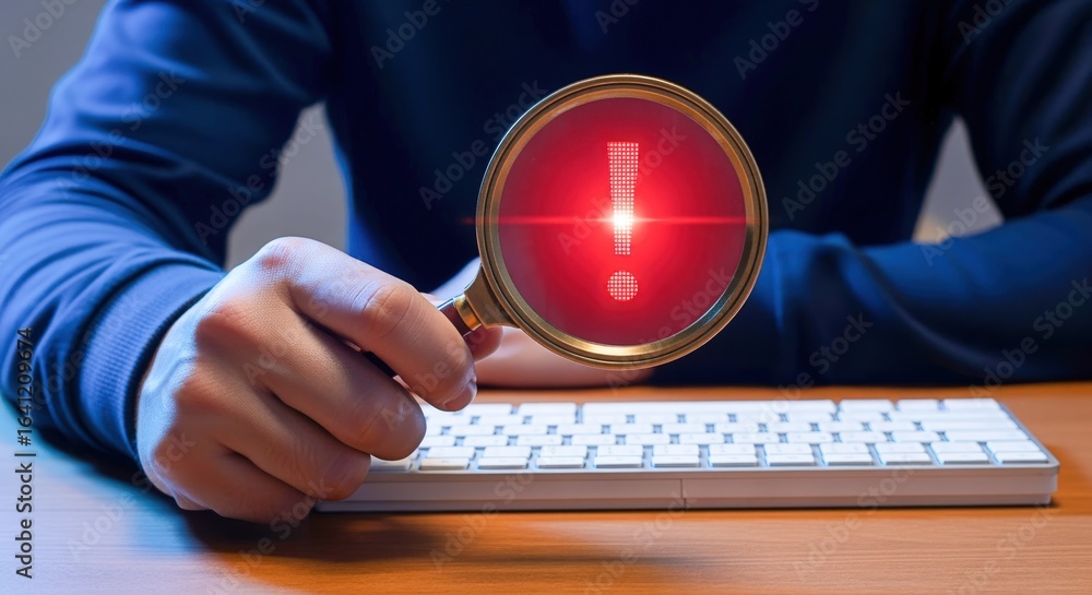 Aufkleber hacker showing security alert with magnifying glass near keyboard on wooden desk, concept of online 