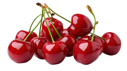 Sweet Cherries: A cluster of vibrant, ripe cherries, each a perfect orb of juicy, ruby-red sweetness, promises a burst of summer flavor.