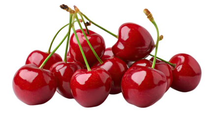 Sweet Cherries: A cluster of vibrant, ripe cherries, each a perfect orb of juicy, ruby-red sweetness, promises a burst of summer flavor.