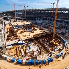 Stadium under construction, cranes, machinery