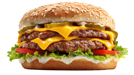 Double-Decker Burger: A mouthwatering, macro shot of a burger with sesame seed bun, boasting layers of juicy patties, melted cheese, fresh lettuce, crisp pickles and juicy tomatoes.