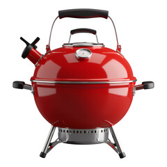 Red Glossy Kettle Grill on Transparent Background, 3D Realism Design Element