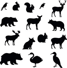 Animal silhouette set, wildlife collection, birds, rabbits, squirrels, deer, bears, moose, fox, swan, heron, black vector, nature design