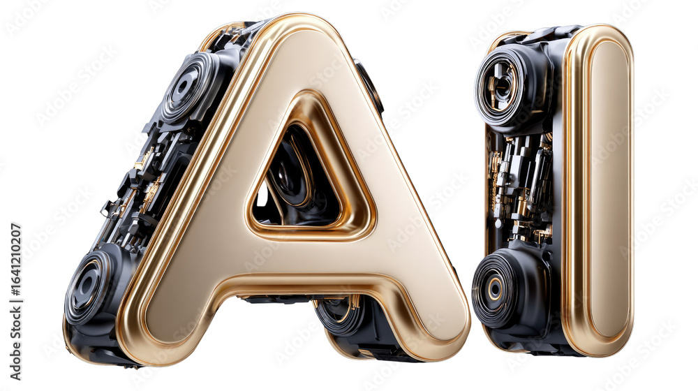Poster artificial intelligence: a stylish gold letters of ai intertwined with intricate robotic mechanisms,