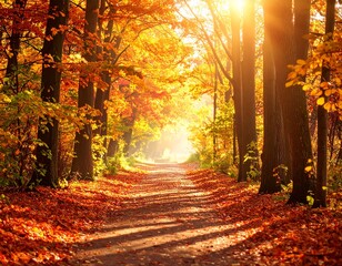 Fototapeta premium 제목: Brilliant Colors of a Midday Autumn Path설명: Capturing the pure, unfiltered energy of an autumn forest path at midday, where the brilliant colors of the leaves are highlighted.