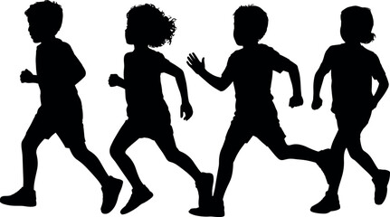 Children running, silhouette, black figures, motion, energy, childhood activity, dynamic pose, arms movement, legs motion, outdoor play, physical action
