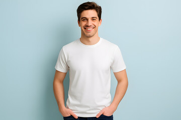 Obraz premium Stock photo of smiling man in white t shirt on blue background studio