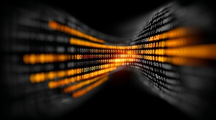 Abstract digital art representing a stream of binary code with glowing orange highlights, conveying concepts of data flow, technology, and futuristic information systems with motion blur