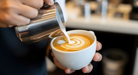 Expert barista creates beautiful latte art with frothy milk in a white cup