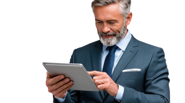 Sophisticated Professional Engaged: A seasoned professional, elegantly attired in a suit, intensely focused on the screen of his tablet, epitomizing modern business.