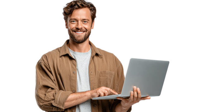 Smiling man with laptop: A friendly man with a warm smile engages with his laptop, showcasing modern technology. A picture of confidence, ready to tackle any task.