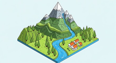 Isometric landscape depiction featuring mountains, river, forest, houses, and serene nature