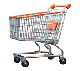 Silver Shopping Cart with Orange Trim, Transparent Background, 3D Realism Design Element