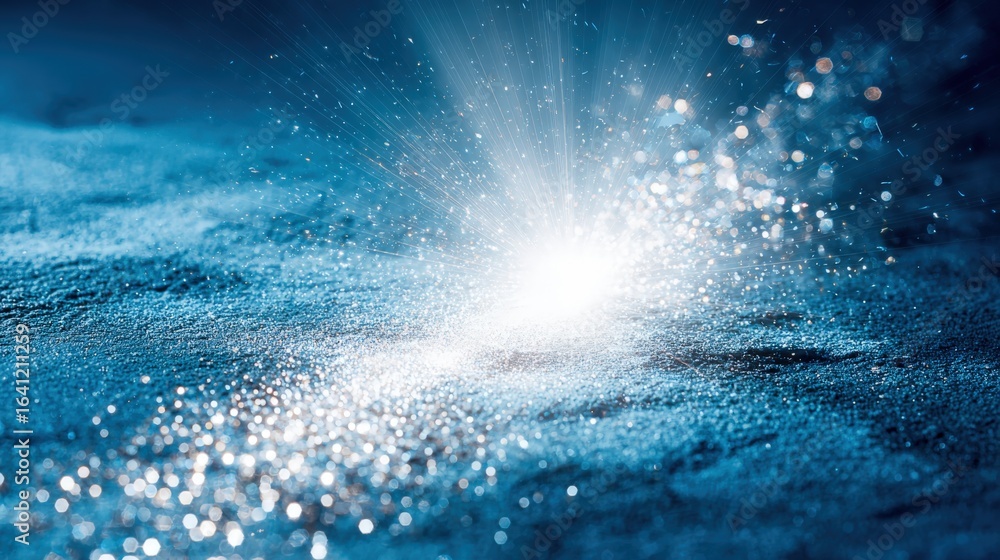 Poster abstract blue glitter explosion with magical light shining through and sparkling particle effects on