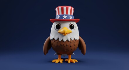 Cartoon Eagle Character with Patriotic Hat on Dark Blue Background
