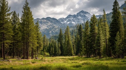 A majestic mountain range with snow-capped peaks is partially visible through a dense evergreen forest on a partly cloudy day, showcasing the serene beauty of nature.