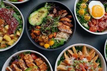 A vibrant top-down shot showcasing an array of appetizing, colorful bowls with diverse food combinations, including protein, vegetables, and grains. The image embodies the essence of healthy eating.