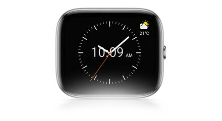 Smartwatch with analog clock face displaying time and weather forecast for digital lifestyle users