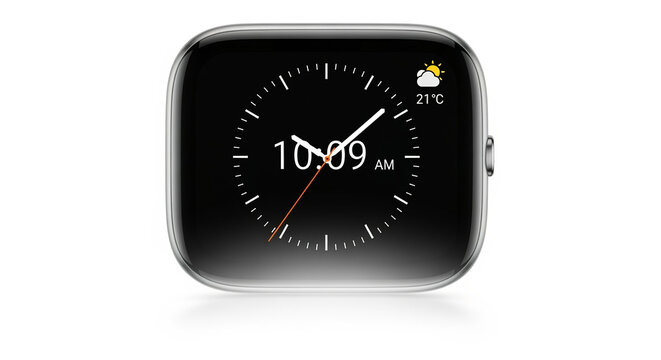 Smartwatch with analog clock face displaying time and weather forecast for digital lifestyle users - Powered by Adobe