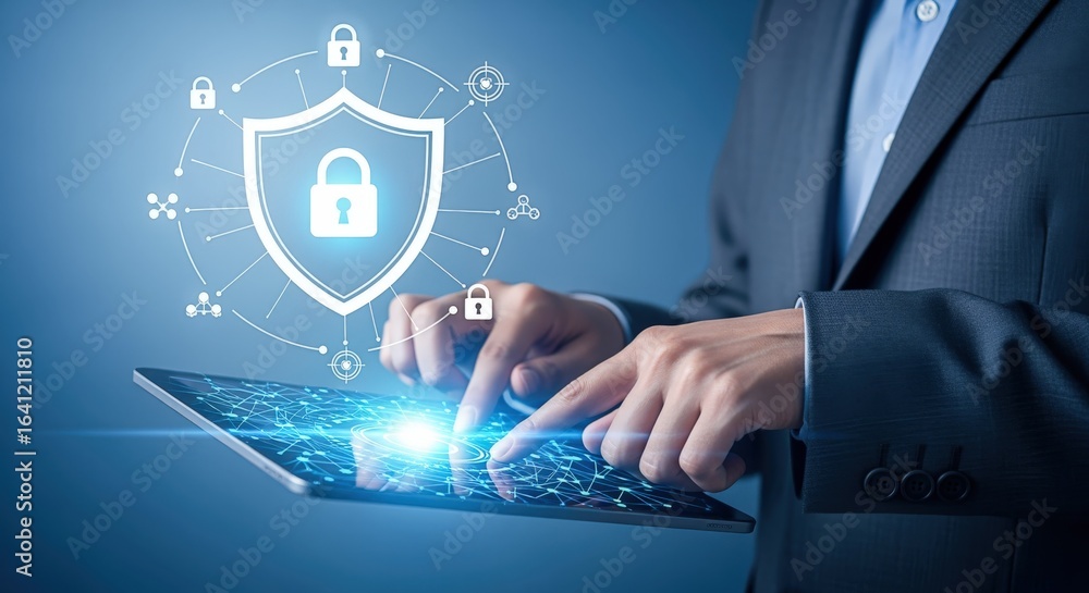 Poster cybersecurity protection: businessman activating security shield on digital tablet display for data 