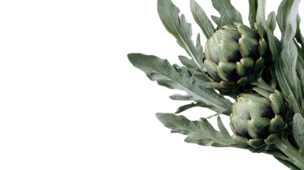 Artichokes with green leaves on a white isolated background.