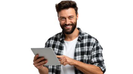 Digital Explorer: A man, adorned in a casual checkered shirt, engrossed in using his tablet, a modern image of technology. Capturing a moment of interaction.