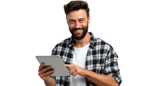 Digital Explorer: A man, adorned in a casual checkered shirt, engrossed in using his tablet, a modern image of technology. Capturing a moment of interaction.