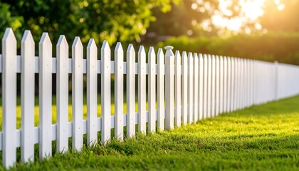 White Picket Fence in Lush Green Yard with Golden Hour Sunlight, and Peaceful Scene.