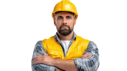 Confident Construction Worker: A construction worker stands confidently, his expression exuding experience and focus while sporting a yellow safety helmet and vest, epitomizing expertise and safety.