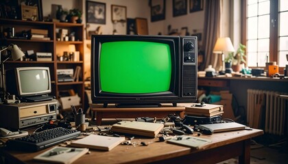 Naklejka premium Vintage TV with green screen in cluttered retro office with mockup concept.