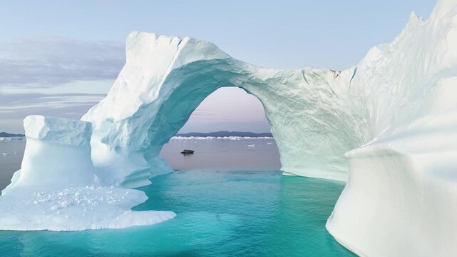 A tall melting iceberg in the Arctic Ocean. A glacier with a huge hole resembling an ice gate. Clear ice floats in turquoise water. Ecology, melting ice, climate change, global warming. Aerial view. 