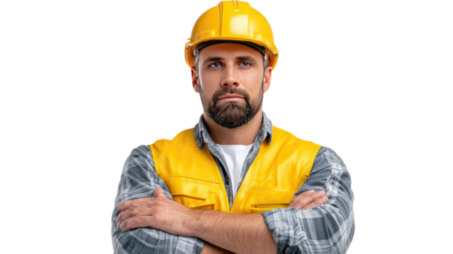 Confident Construction Worker: A construction worker stands confidently, his expression exuding experience and focus while sporting a yellow safety helmet and vest, epitomizing expertise and safety.