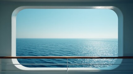 Fototapeta premium Peaceful Ocean View From Large Cruise Ship Window – Minimalistic Modern Interior