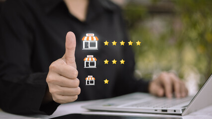Customer review and store rating feedback with thumbs up icon