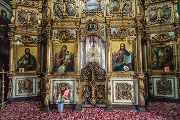 Iconostasis of main church in Ciolanu Orthodox Monastery near Tisau and Magura villages in Romania