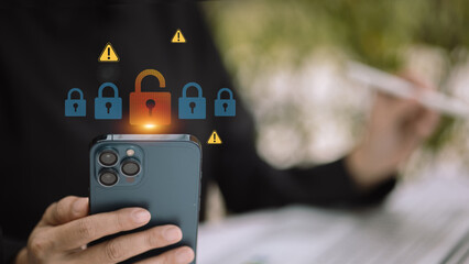Cybersecurity risk and mobile data breach with unlock icon