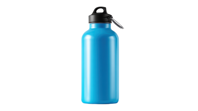Blue stainless steel water bottle on a white isolate background.