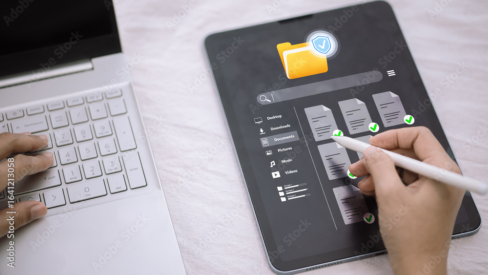 Poster digital file management and secure document organization on tablet