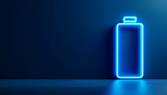 Blue neon battery icon glowing against a dark background.