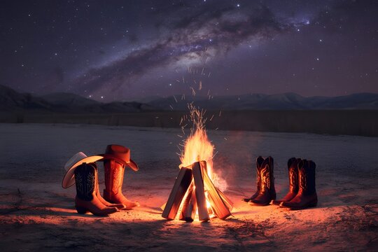 Cozy campfire scene with cowboy boots and hats under a starry night sky, evoking western adventure and peaceful solitude.