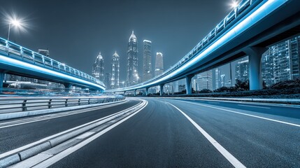 Fototapeta premium Urban Highway at Night with Cityscape Backdrop, Modern Transportation Infrastructure and Futuristic Lighting Design